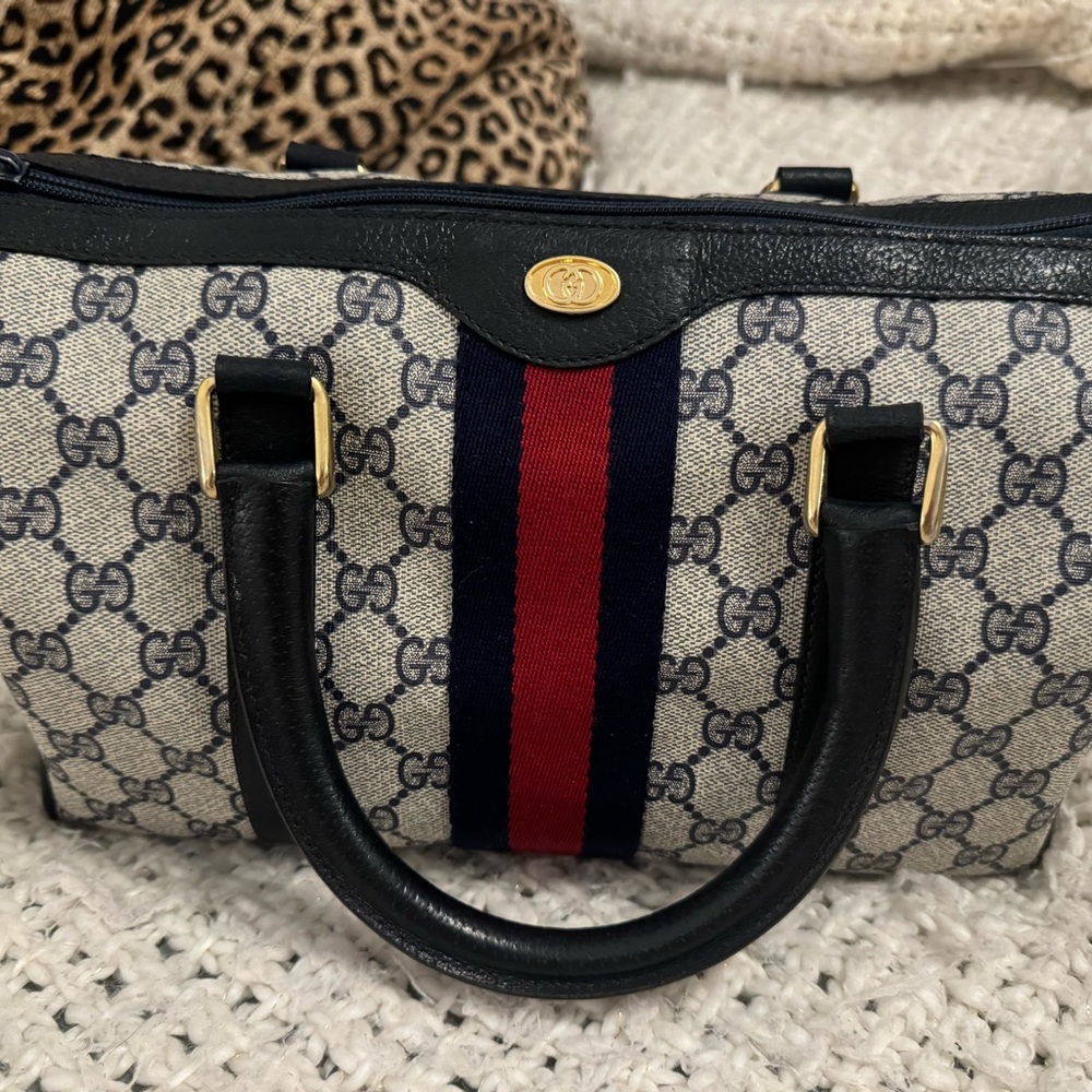 GUCCI Navy Monogram GG Canvas Stripe Satchel - Pre-Loved Vintage
